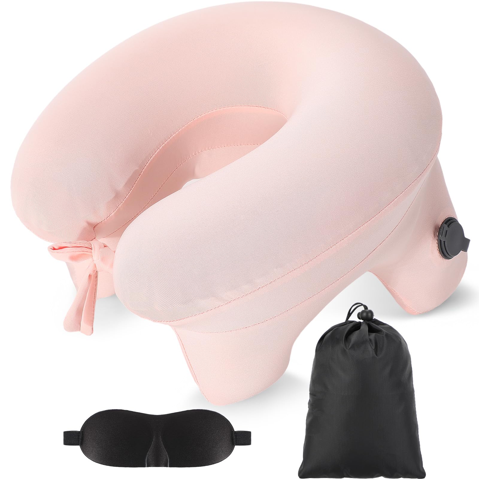 Photo 1 of Geelin Inflatable Travel Pillow for Airplane Lightweight Table Inflatable Neck Supports Head and Chin with Compact Bag and Blindfold U Shaped Pillow for Traveling, Train, Car, Office Table(Pink)