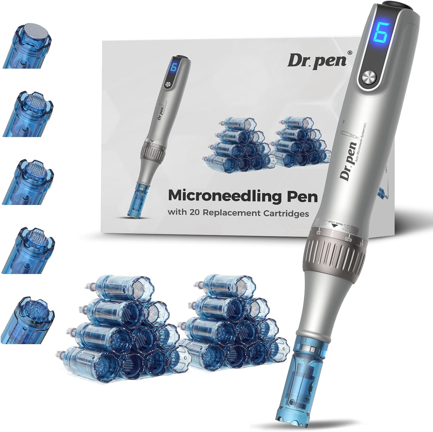 Dr.pen Microneedling Pen for Home Use - DR.PEN HANDPIECE with 20Pcs Replacement Cartridges - 0-2.5mm - Dermal Roller Stamp Pen for Face, Hair, Beard, Scalp-Professional Skin Care Tool Beauty Kit for Man and Women