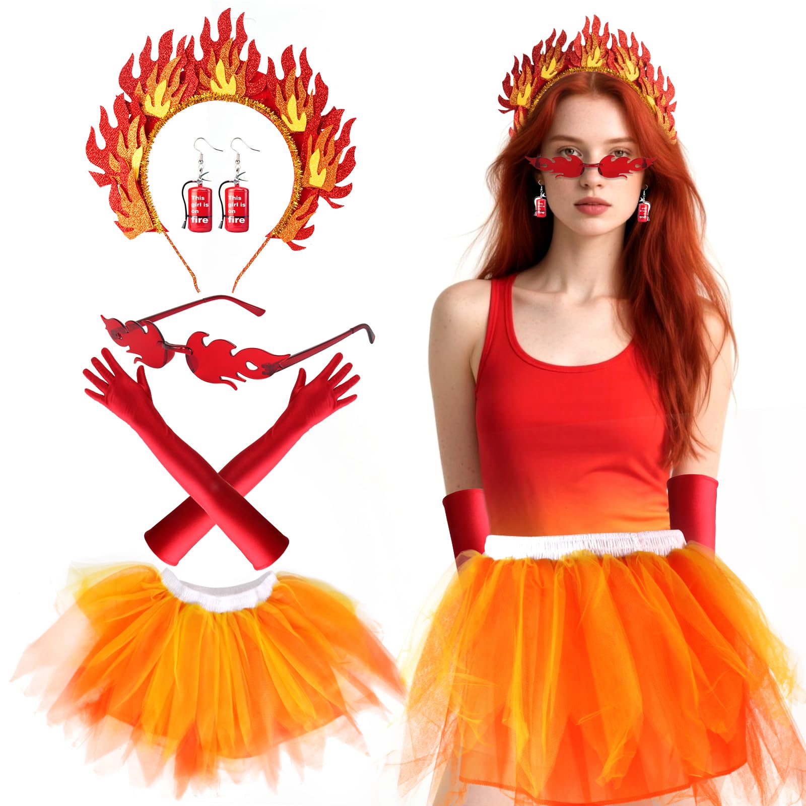 Photo 1 of Beelittle Flame Costume Set for Women Fire Headband Sunglasses Feather Boa Flame Dangle Halloween Cosplay Accessories (Style B)