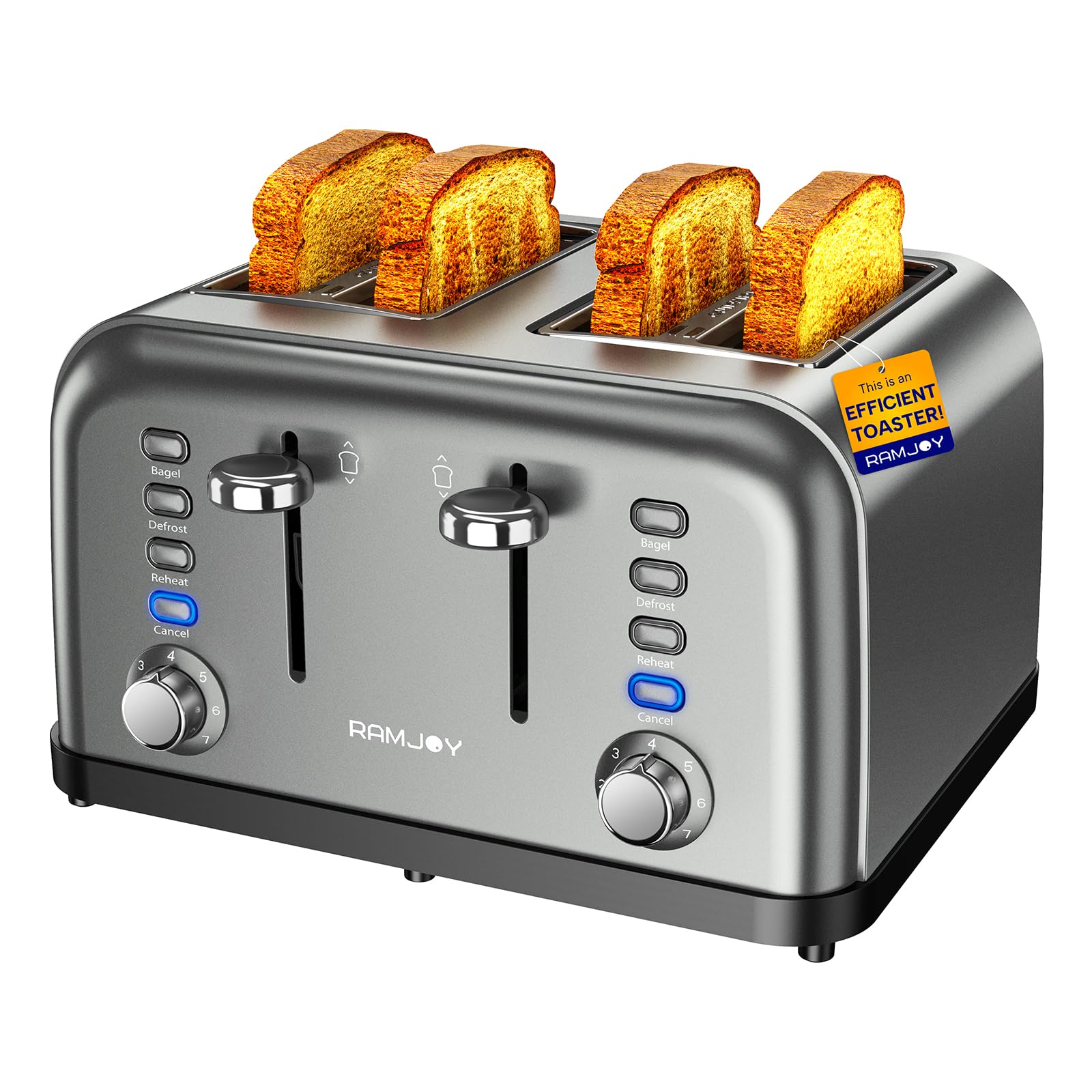 Photo 1 of RAMJOY Grey Toaster 4 Slice, Dual Independent Controls, Extra Wide Slot Toasters for Bagel, Bread, Waffles, 7 Shade Settings, 4 Main Functions, Removable Crumb Tray, 1500 Watts, Grey Stainless Steel