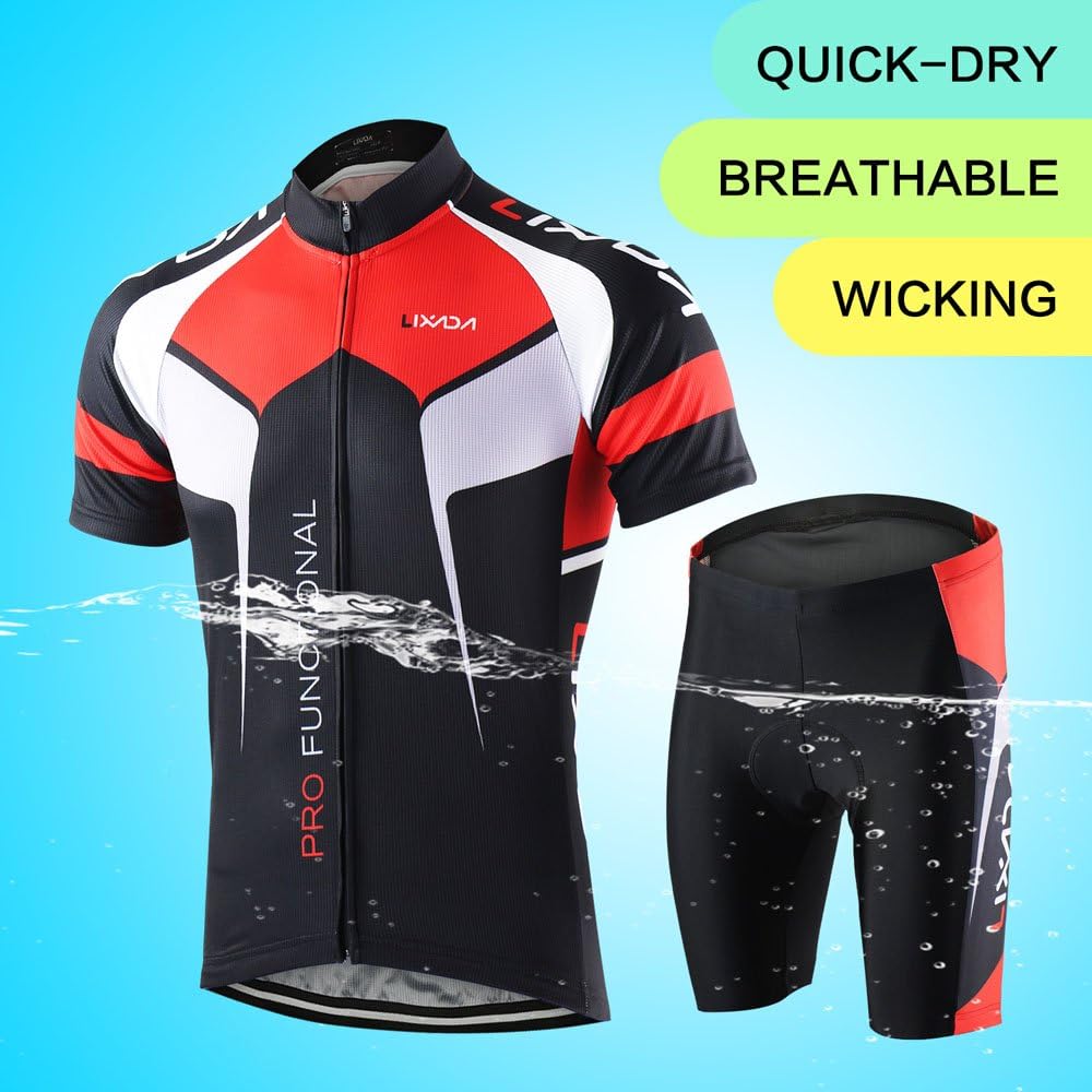 Lixada Men's Cycling Jersey Set Bicycle Short Sleeve Set Quick-Dry Breathable Shirt+3D Cushion Shorts Padded Pants/Bib Short: Clothing