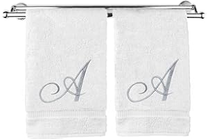 BC BARE COTTON Monogrammed Hand Towel, Personalized Gift, 16 x 30 Inches - Set of 2 - Silver Embroidered Towel - Extra Absorbent 100% Turkish Cotton- Soft Terry Finish - For Bathroom, Kitchen and Spa- Script A White