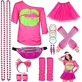WILDPARTY 80s Costume Accessories for Women, T-Shirt Tutu Fanny Pack Headband Earring Necklace Fishnet Gloves Legwarmers