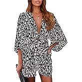 PRETTYGARDEN Women's Leopard Print Shorts Jumpsuit Wrap V Neck 3/4 Sleeve Casual Loose Oversized Romper With Pockets