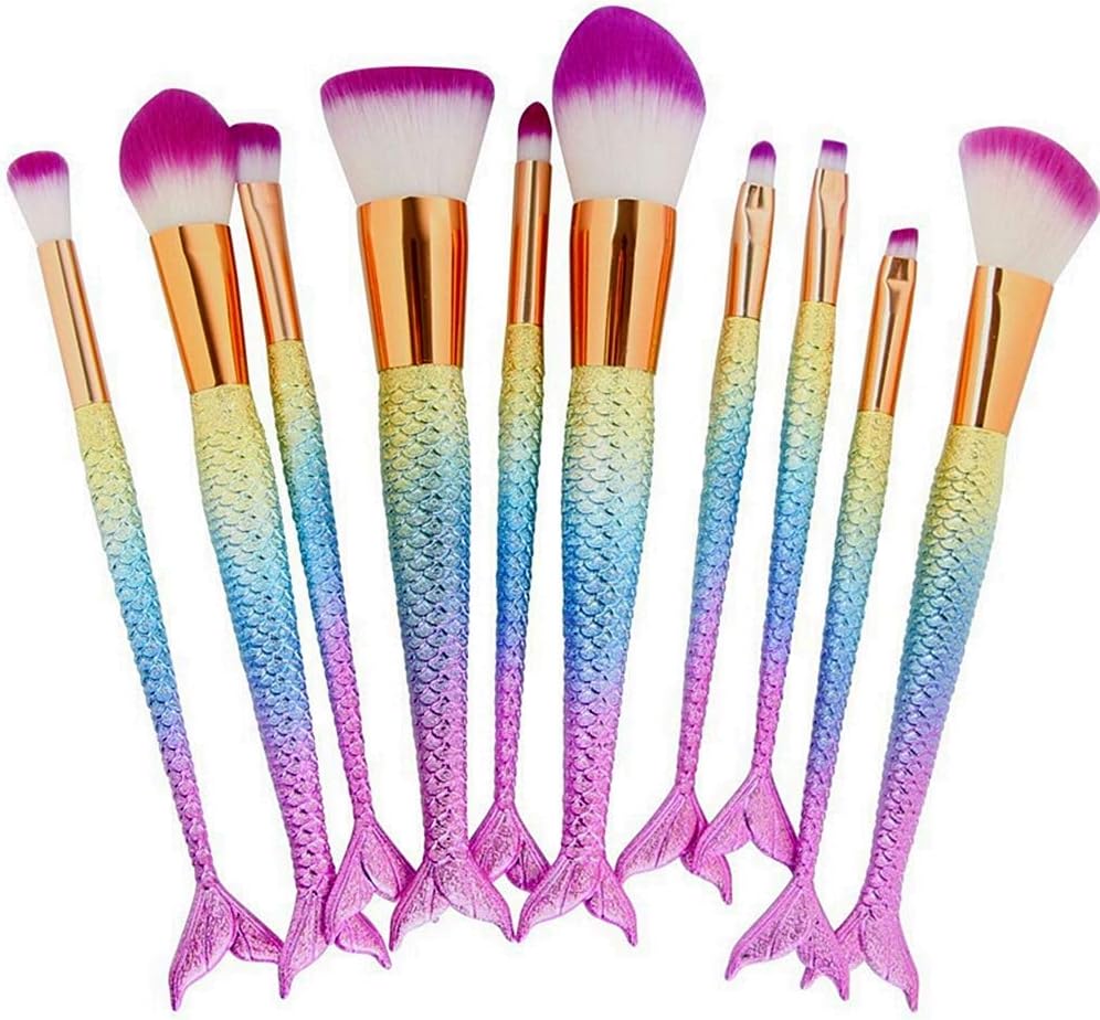 Nayels Mermaid Makeup Brush Set - Cosmetics Make up Synthetic Bristles Brushes Sets (red yellow)