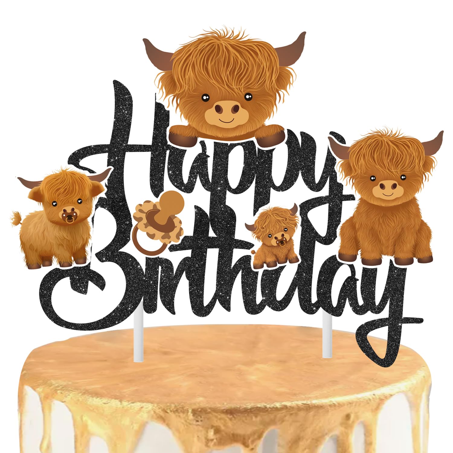 Photo 1 of Highland Cow Birthday Cake Topper Glitter Black Highland Cow Birthday Party Decorations Cow Birthday Cake Topper Cow Cake Decorations for Farm Baby Shower Supplies