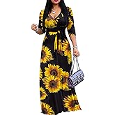 FANDEE Plus Size Maxi Dress for Women Casual Summer Sundress V-Neck 3/4 Sleeve(Sunflower,3X-Large)