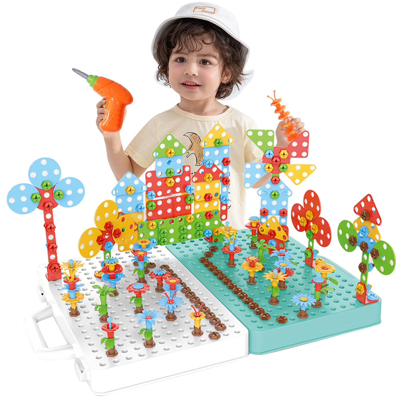 Ark miido Drill Design Puzzle Constructions Toys, 399 Pcs Magic Montessori Play Toolbox for 3,4,5 Year Old Boys Gifts, Creative Tool Box with Drill Screwdriver Peg Board Educational Toy