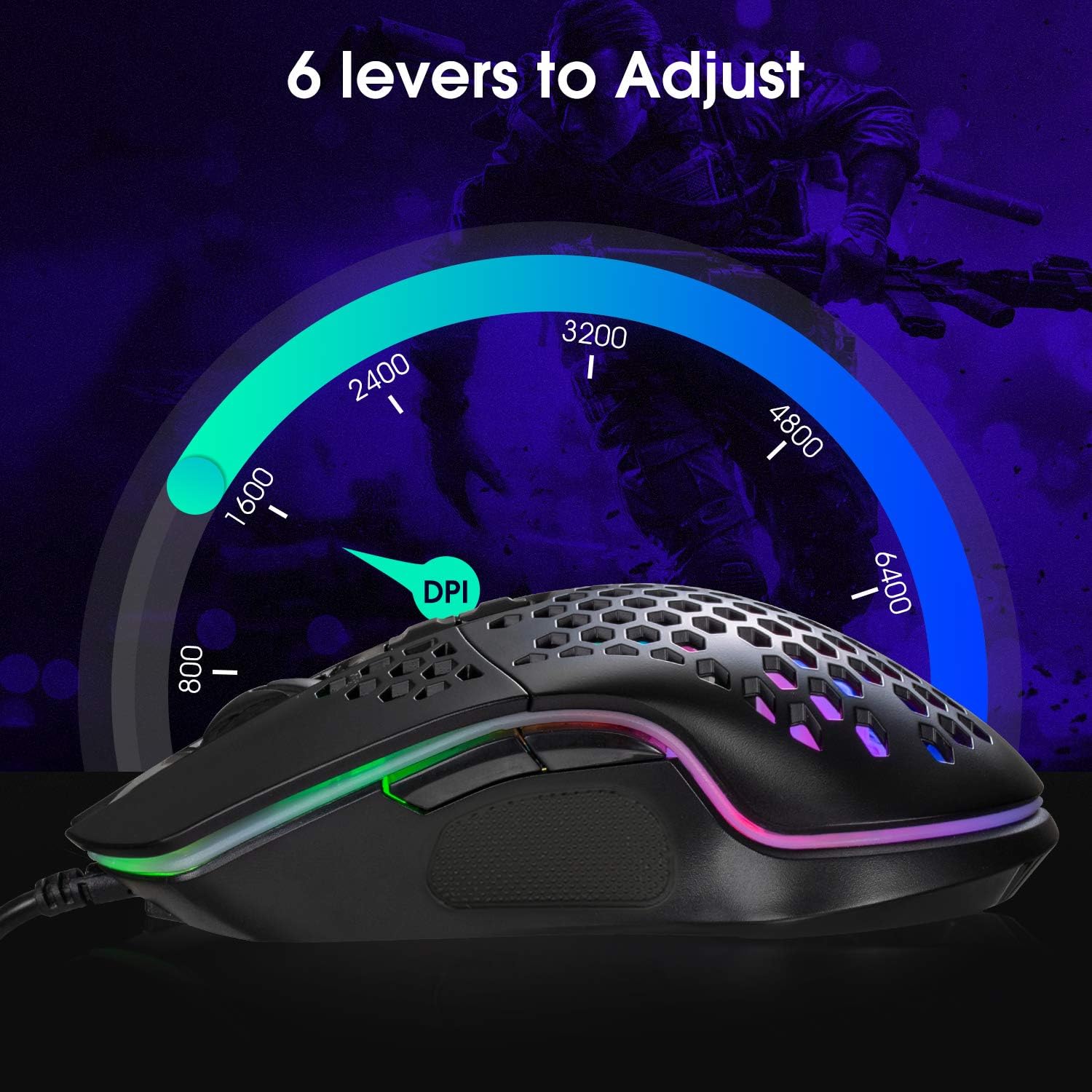 Lightweight Gaming Mouse, Wired USB PC Gaming Mice with Ultralight Honeycomb Shell, RGB Chroma LED Light, 6400 DPI Adjustable, Pixart 3325, Programmable 7 Buttons Mouse for Windows 7/8/10/XP: Computers & Accessories