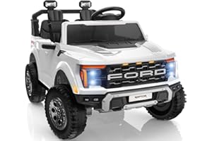 First Ride On 24V Kids Ride On Truck, Licensed Ford F-150 Raptor 2 Seater Electric Car w/Remote Control, Toddler Ride On Car Toys w/LED Lights, Bluetooth, Music, Truck Bed Storage, Soft Start (White)