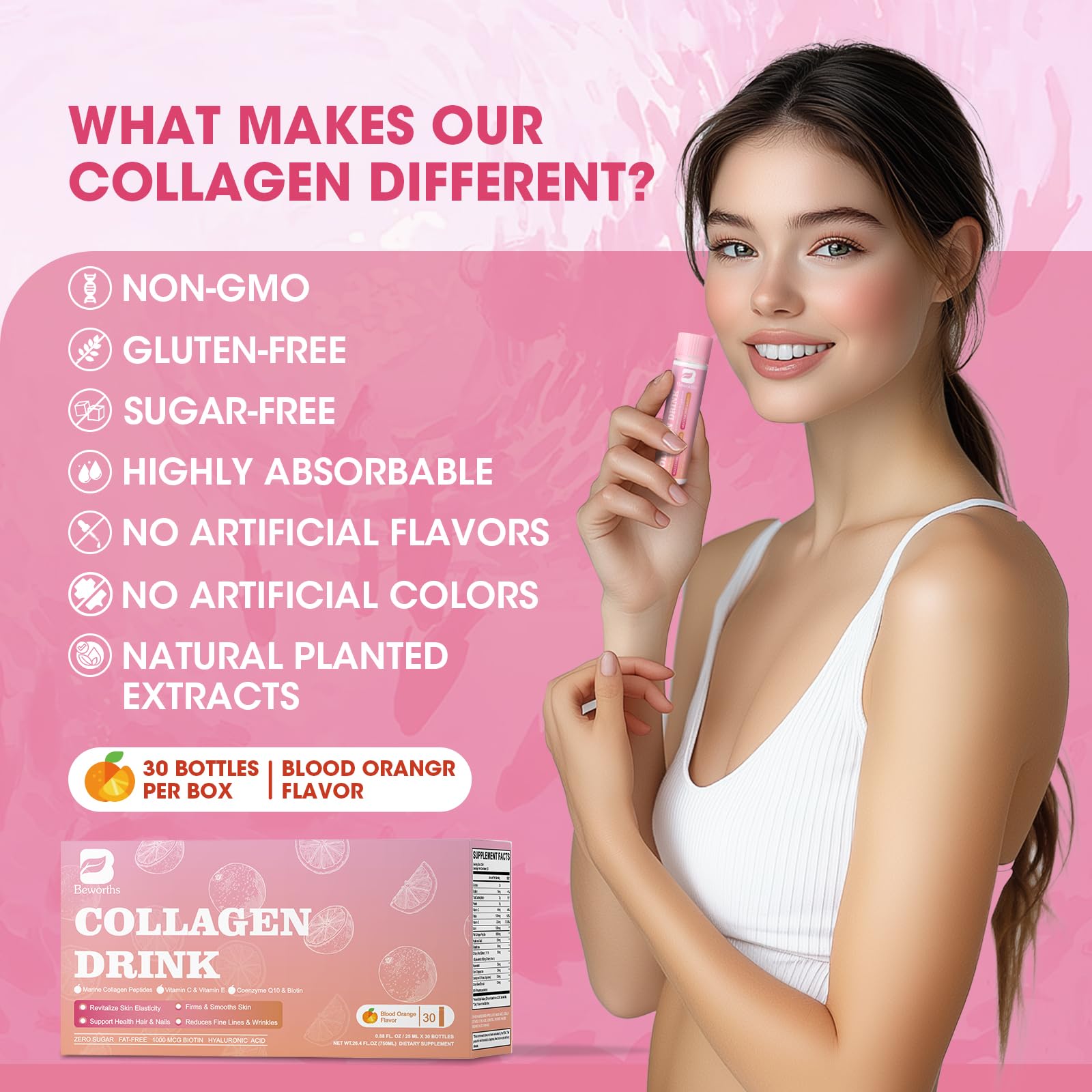 Liquid Collagen Peptides Drink, Liquid Collagen and Biotin Supplement for Women with Coenzyme Q10, Hyaluronic Acid, Biotin, Vitamin C, E - Support Revitalize Skin Elasticity, Hair Nail & Smooths