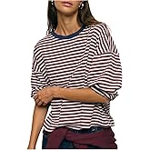 WDIRARA Women's Striped T Shirts Crew Neck Long Sleeve Loose Tee Tops Pullover Streetwear