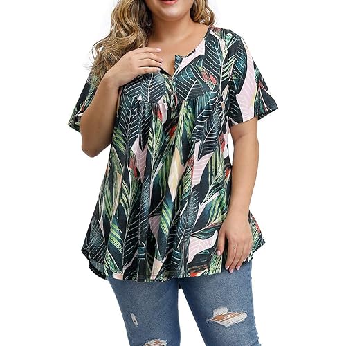 ALLEGRACE Women's Plus Size Floral Blouses Henley V Neck Button Up Tunic Tops Ruffle Flowy Short Sleeve T Shirts