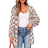 Mazulun Oversized Checkered Cardigans for Women Color Block Open Front Lightweight Knit Cardigan Sweater Outwear