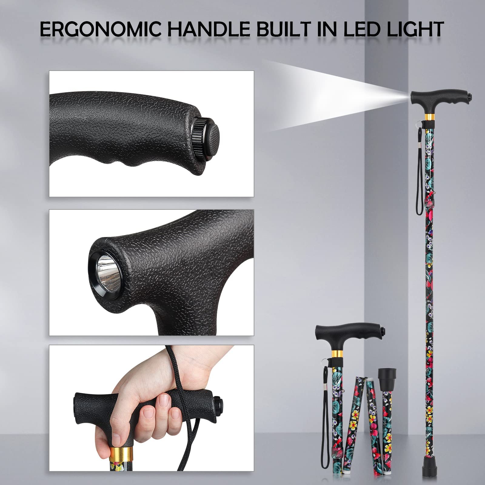 JUNRA Walking Cane with LED Light, Folding Cane for Women and Men, Portable Foldable Cane, Collapsible Aluminium Walking Stick, Lightweight and Adjustable Walking Sticks for Seniors Balance