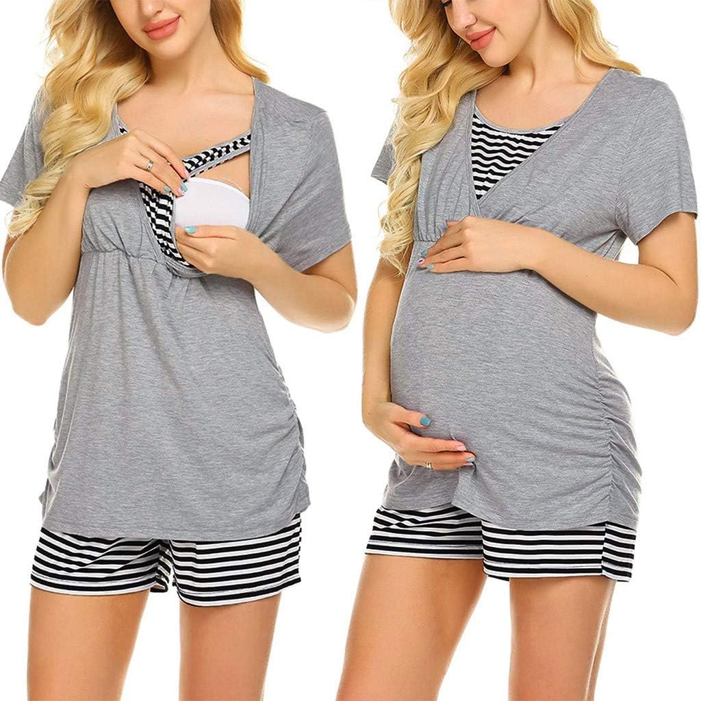 2PCS Maternity Short Sleeve Nursing Baby Top T-Shirt+Adjustable Striped Shorts Pajamas Set Pregnancy Women Breastfeeding Sleepwear