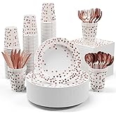 White and Rose Gold Party Supplies - 350 PCS Disposable Dinnerware Set - White Paper Plates Napkins Cups, Gold Plastic Forks Knives Spoon for Graduation, Birthday, Thanksgiving, Cocktail Party