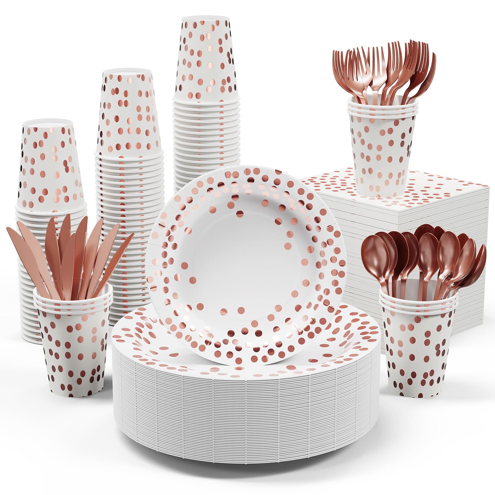 Photo 1 of White and Rose Gold Party Supplies - 350 PCS Disposable Dinnerware Set - White Paper Plates Napkins Cups, Gold Plastic Forks Knives Spoon for Graduation, Birthday, Cocktail Party