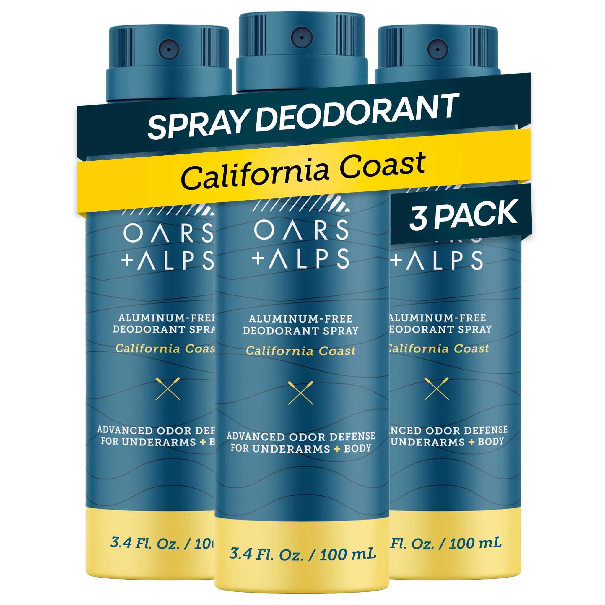Oars + Alps Full Body Deodorant Spray for Men & Women, Aluminum Free Deodorant Men Spray, Dermatologist Tested, Clean Ingredients, Long Lasting, Odor Protection, California Coast, 3pk