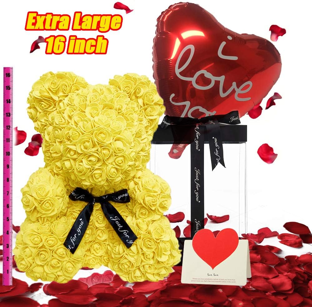 U UQUI Large Rose Bear 16 inch Gifts for Mom Wife Girlfriend Gifts, Flower Bear Rose Teddy Bear with Box Lights Balloon Card, Birthday Anniversary Mothers Day Gifts & Romantic Cute Decor (Yellow)