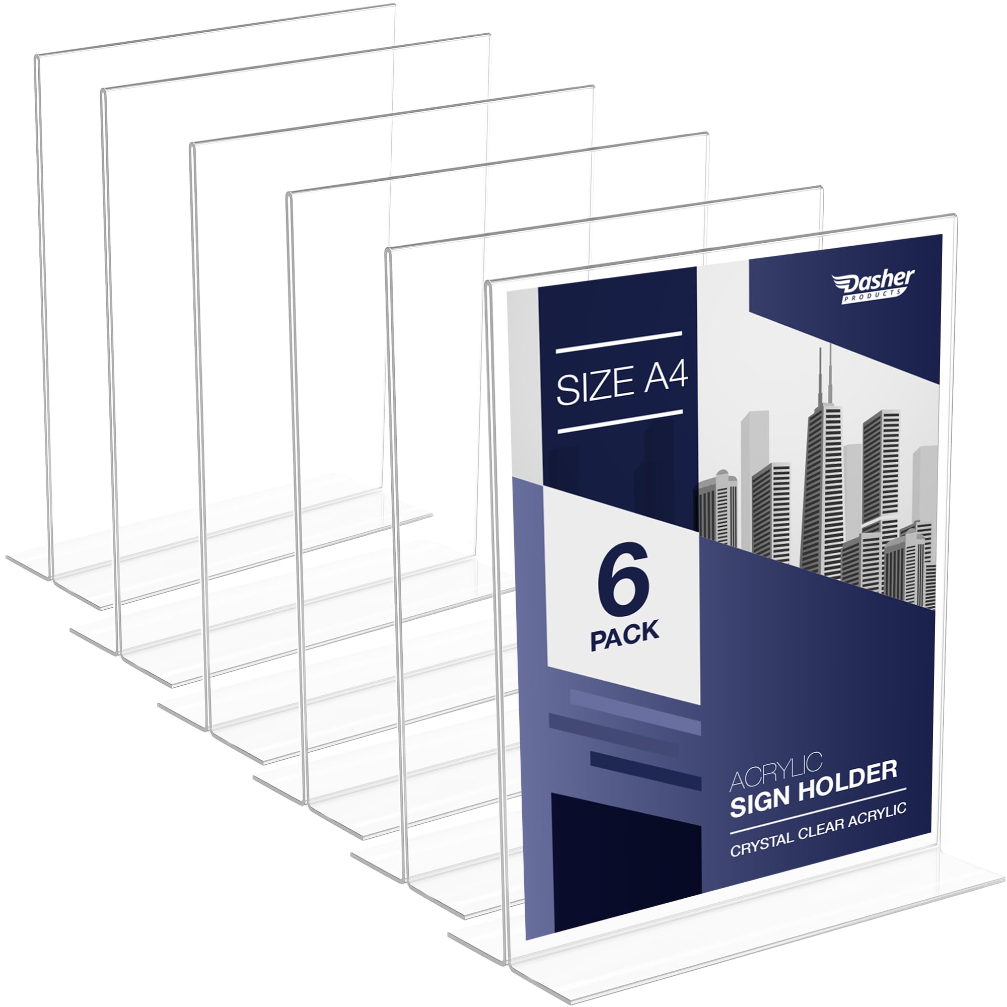 Acrylic Sign Holder A4 - Acrylic T Shape Table Top Display Stand, Double Sided, Bottom Load, Portrait Style Menu Ad Frame. Perfect for Restaurants, Promotions, Photo Frames, Classroom (A4 - 6 Pack)