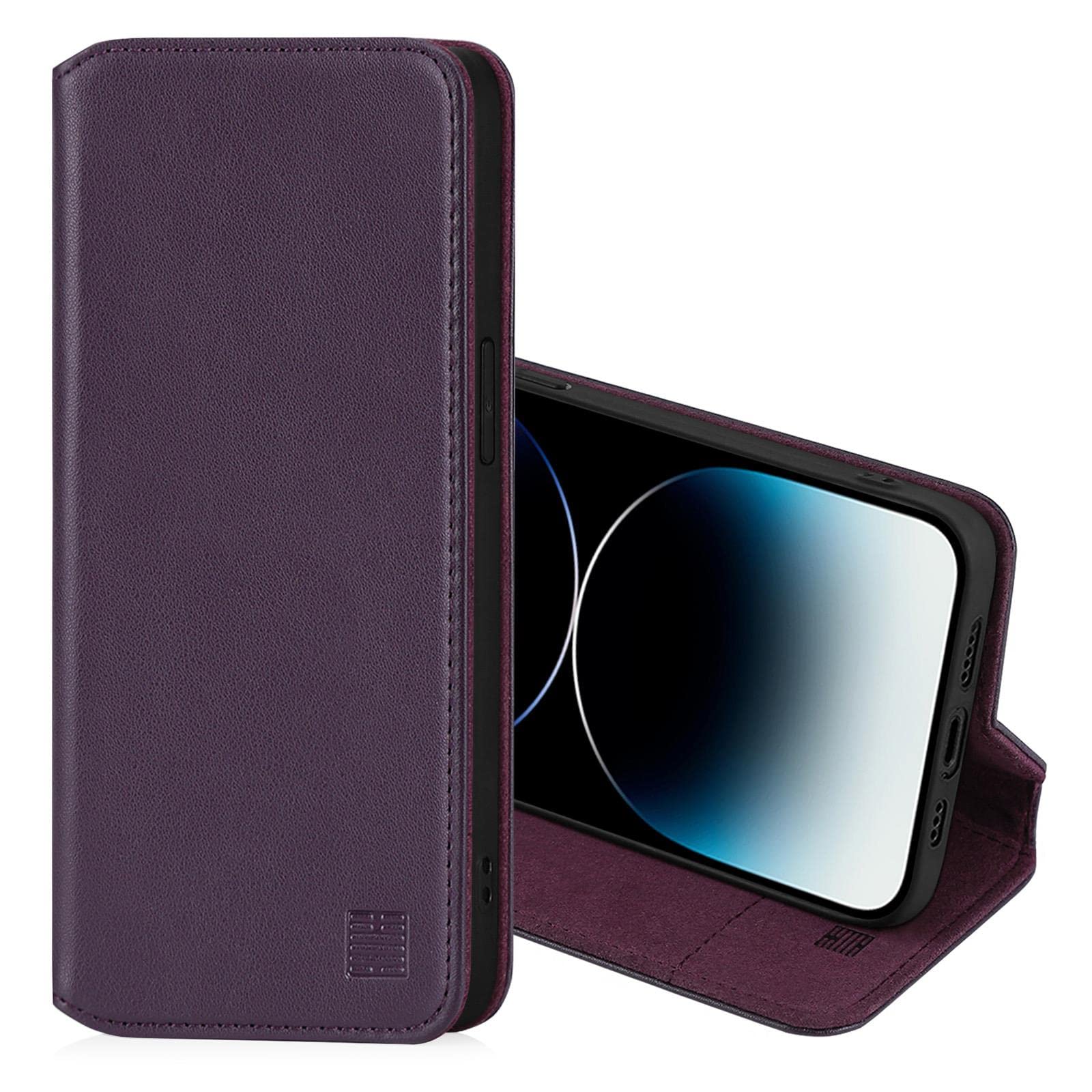 32nd Classic Series 2.0 - Real Leather Book Wallet Flip Case Cover For Apple iPhone 13 Pro (6.1"), Real Leather Design With Card Slot, Magnetic Closure and Built In Stand - Aubergine