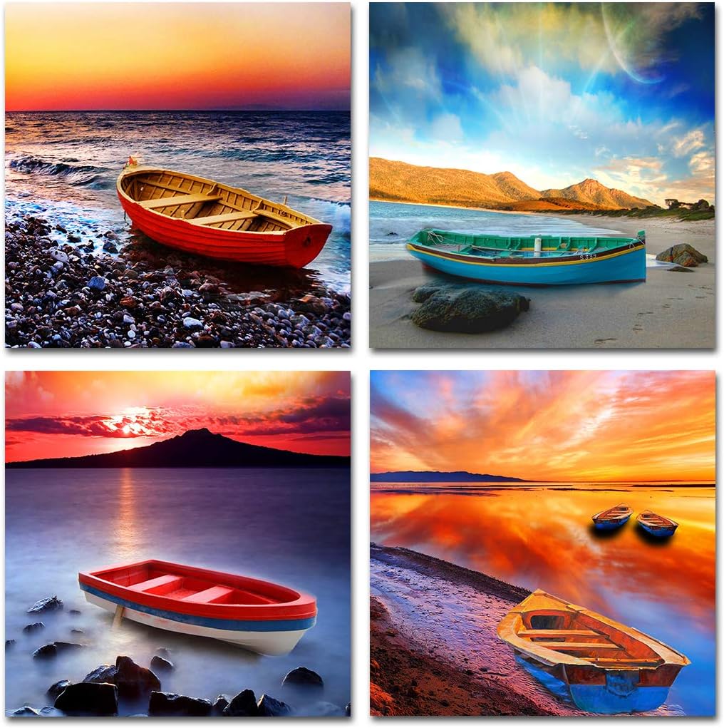 Purple Verbena Art Canvas Print,Seaview Seascape Picture Giclee Painting Artwork Nature Sea Beach with Boats Landscape Photo Home Wall Art Decoration for Living Room Bedroom-12x12 inches x 4 Pcs