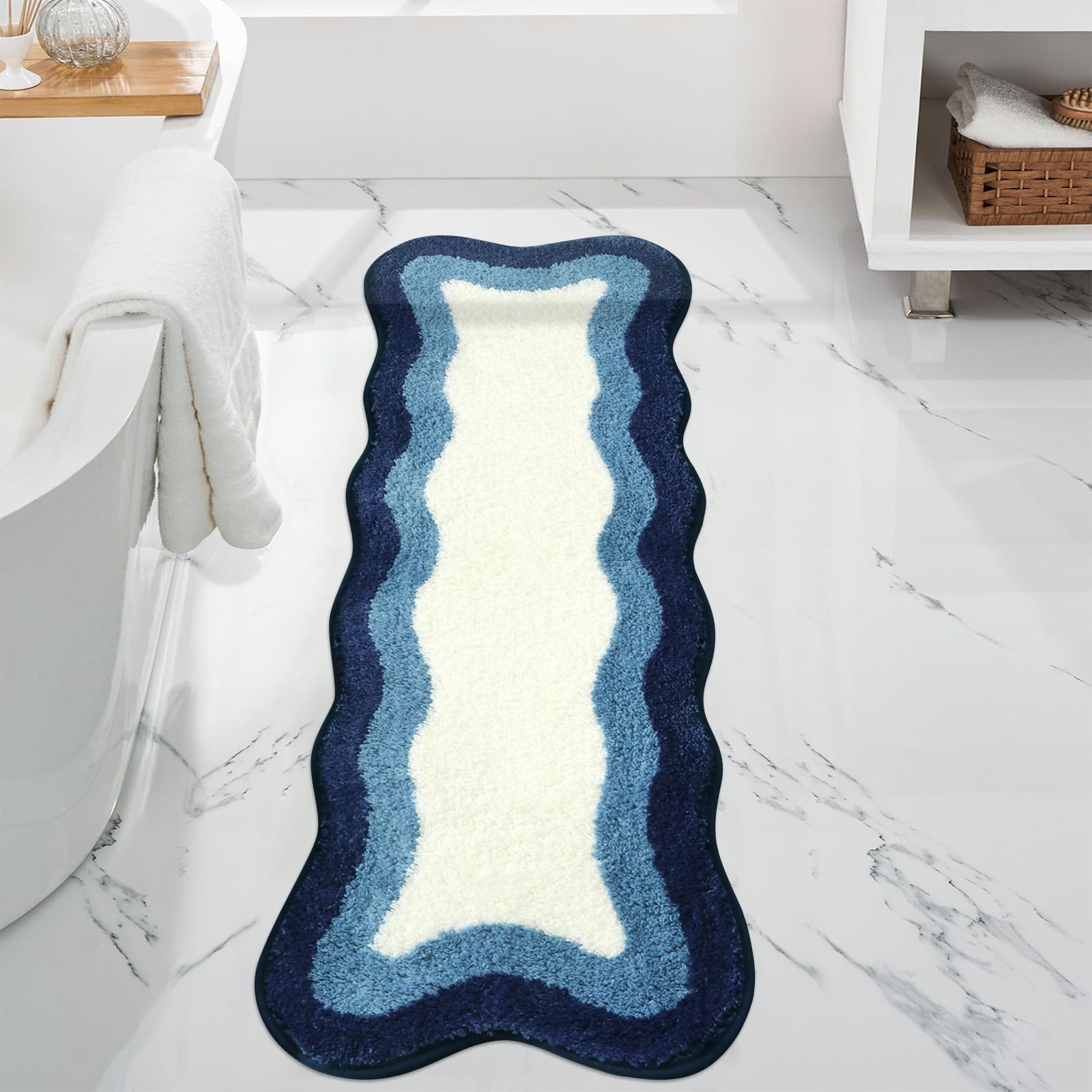 Photo 1 of HAOCOO Bathroom Runner Rug 18x47 inch, Luxury Soft Non-Slip Long Bath Mat, Microfiber Machine Washable Blue Rug Runner Floor Mats for Bath Sink Tub Shower