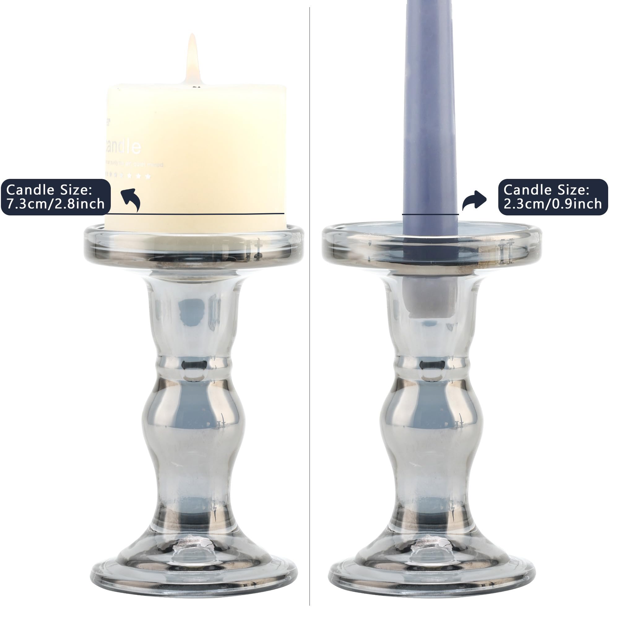 Gray Glass Candle Holder Set, QENUIITEA Set of 3 Clear Candlesticks Holders Pillar Taper Candles Tea Light Stand for Centerpieces Church Wedding Party Home Decor Dining Table