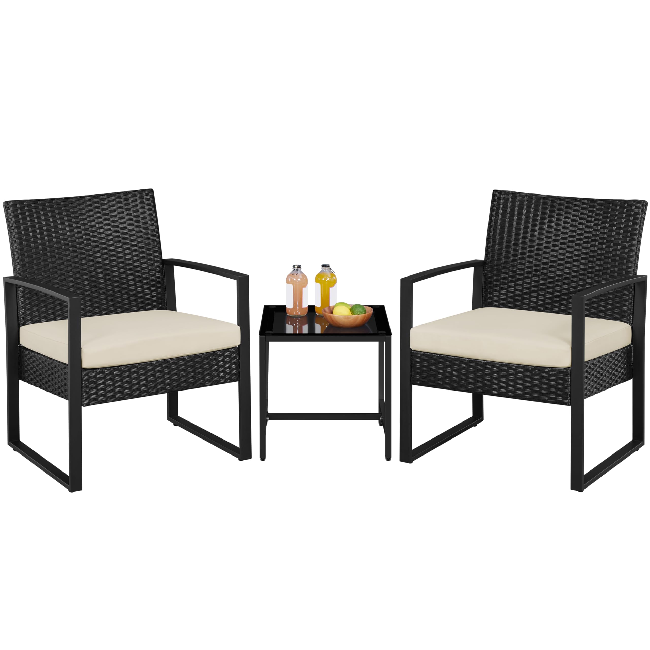 Yaheetech 3 Pieces Rattan Bistro Set, Outdoor Wicker Patio Modern Conversation Furniture, 2 Chairs & Tempered Glass Coffee Table for Garden, Balcony, Backyard, Poolside, Black/Beige Image