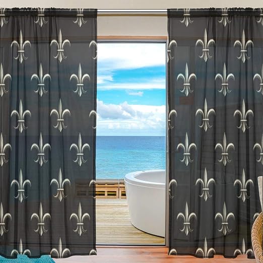 Amazon Com Silver Black Fleur De Lis Sheer Curtains 78 Inch