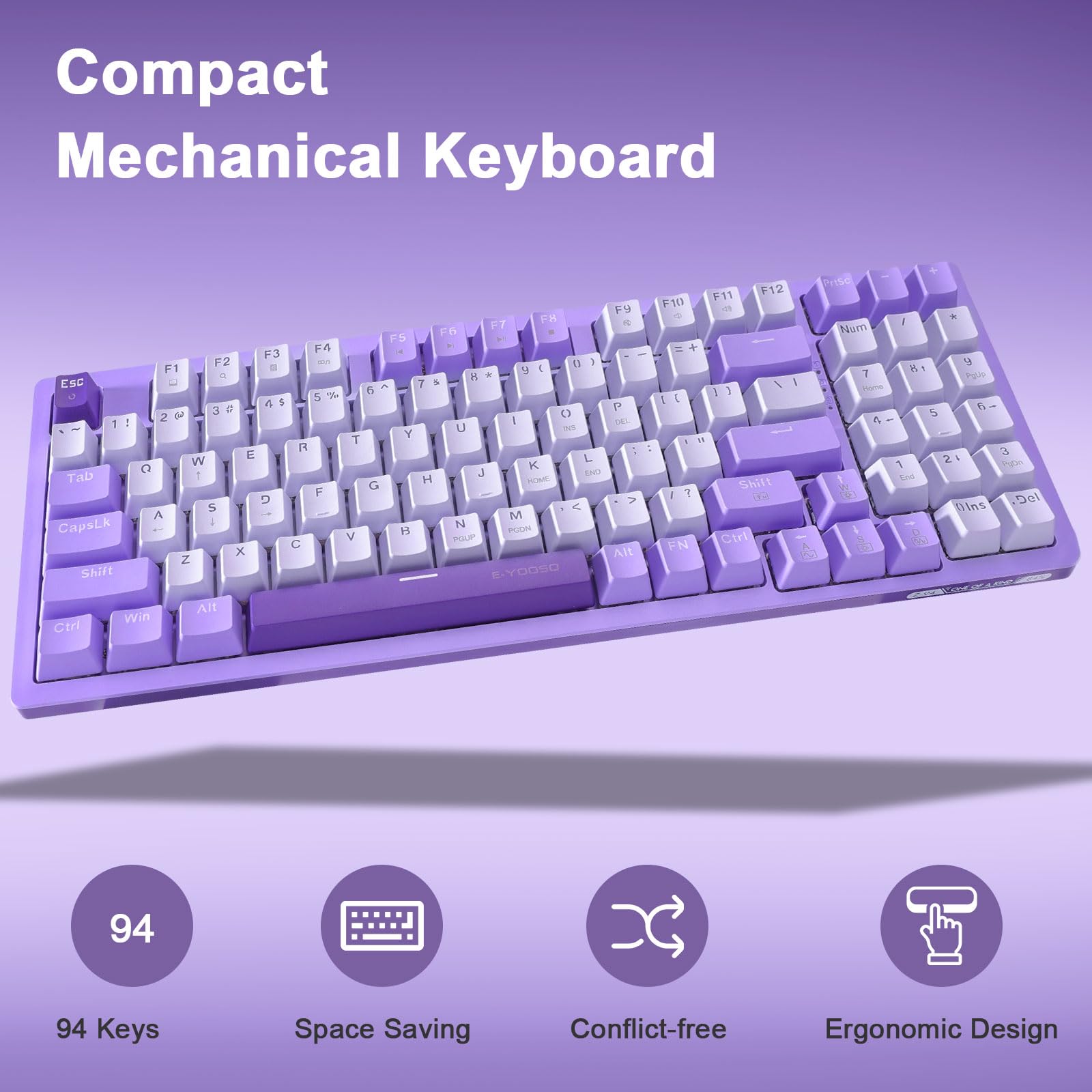 HUO JI Mechanical Gaming Keyboard USB Wired Compact with Number Pad, Purple Led Backlit, Blue Switch, Detachable Type C Cable, 94 Keys for PC/Computer/Laptop, White and Purple