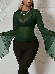 SOLY HUX Women's Plus Size Mesh Sheer Bell Long