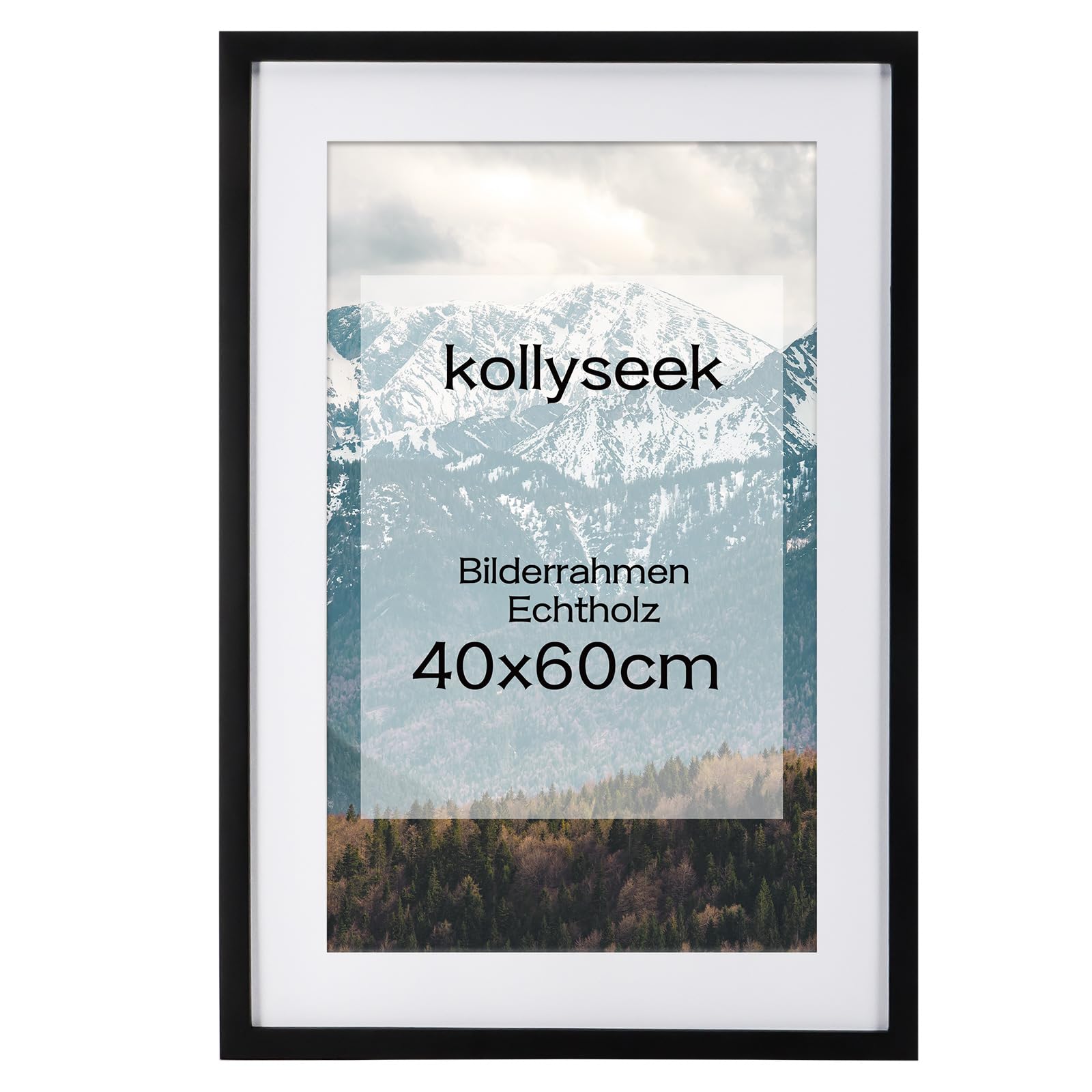 Kollyseek Picture Frame 40 x 60 cm Black Real Wood With Mount - Pine Wood Photo Frame With Shatterproof Acrylic Glass - Room Decoration