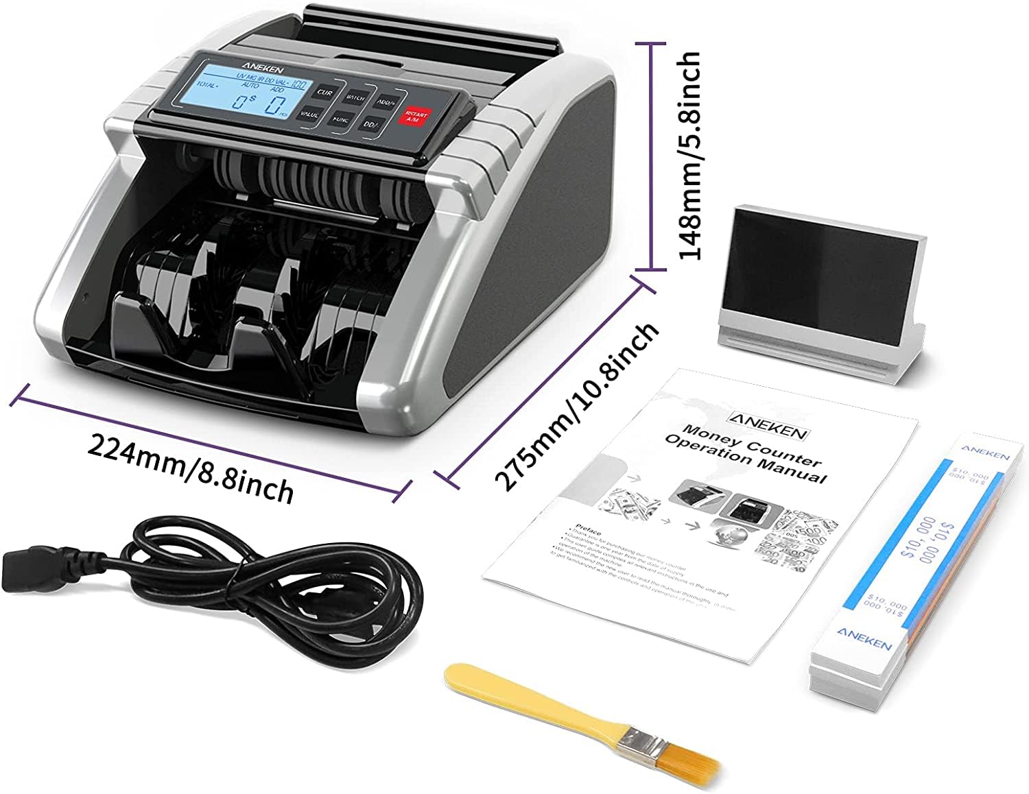 Aneken Money Counter Machine with Value Count, Dollar, Euro UV/MG/IR/DD/DBL/HLF/CHN Counterfeit Detection Bill Counter, Add and Batch Modes, Cash Counter with LCD Display, 2-Year Warranty