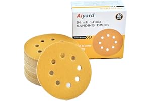 Aiyard 5-Inch 8-Hole Hook and Loop Sanding Discs 120-Grit Random Orbit Sandpaper, 50-Pack