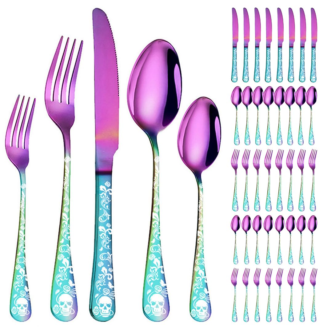 XIAOYU Halloween Skeleton Silverware Set 40 Piece Gothic Flatware Set for 8, Unique Vintage Skull Flower Pattern Design, Durable Cutlery Tableware for Home Kitchen, Rainbow