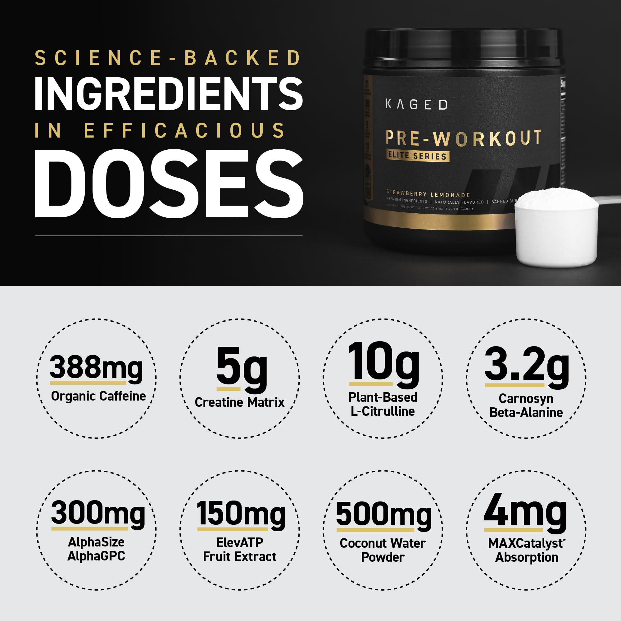 Kaged Pre Workout Elite Powder | Strawberry Lemonade | Pre-Workout with Creatine, Beta Alanine, L-Citrulline, BCAAs | 388 mg Organic Caffeine | Pre Supplements for Men & Women | 20 Servings