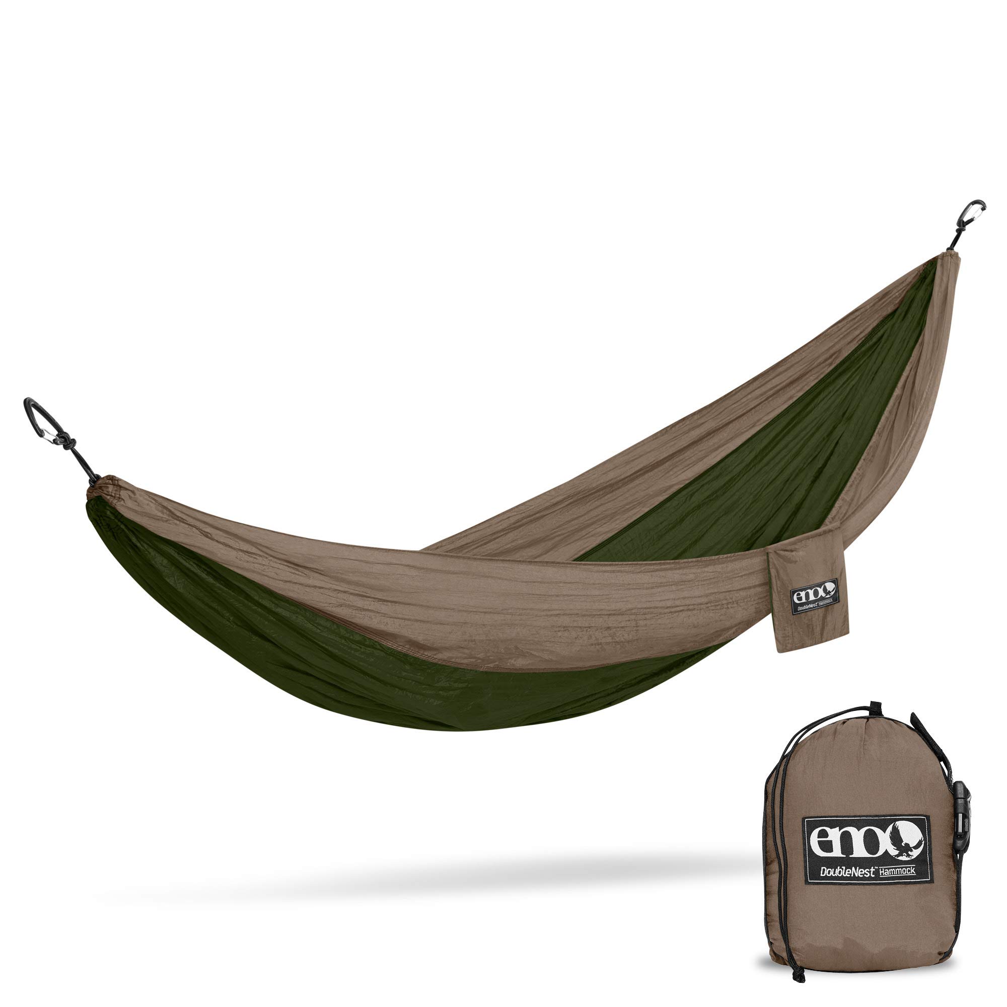 ENO Doublenest Hammock Khaki Olive Soft Breathable Fabric 70 Denier High Tenacity Nylon Taffeta Fast Dry Heavy Duty Triple Stitched Compression Stuffsack Aluminium Wiregate Carabiners Weight 539 g