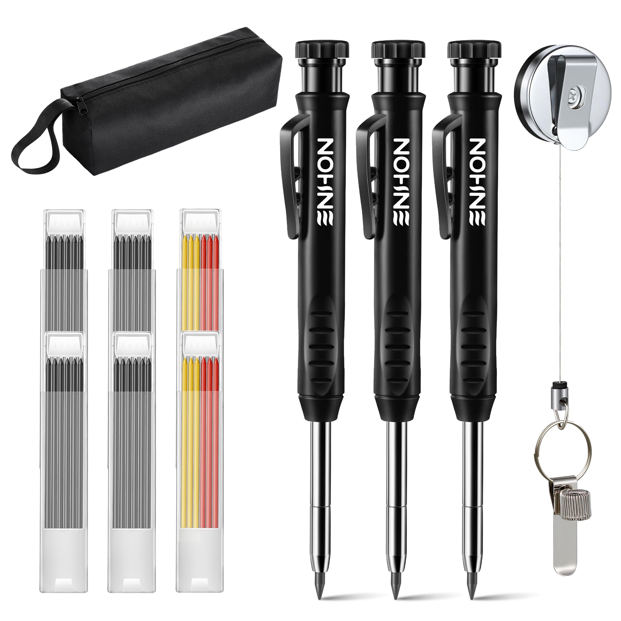 Photo 1 of 3 Pcs Carpenter Pencils with Retractable Holder, Mechanical Pencils Set with 36 Refills, Deep Hole Marker Construction Pencil with Built in Sharpener and Portable Pencil Bag for Architect Woodworking