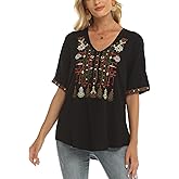 Grosy Women's Short Sleeve Bohemian Tops for Summer, Floral Embroidered Mexican Peasant Blouses, V Neck Boho Top for Women