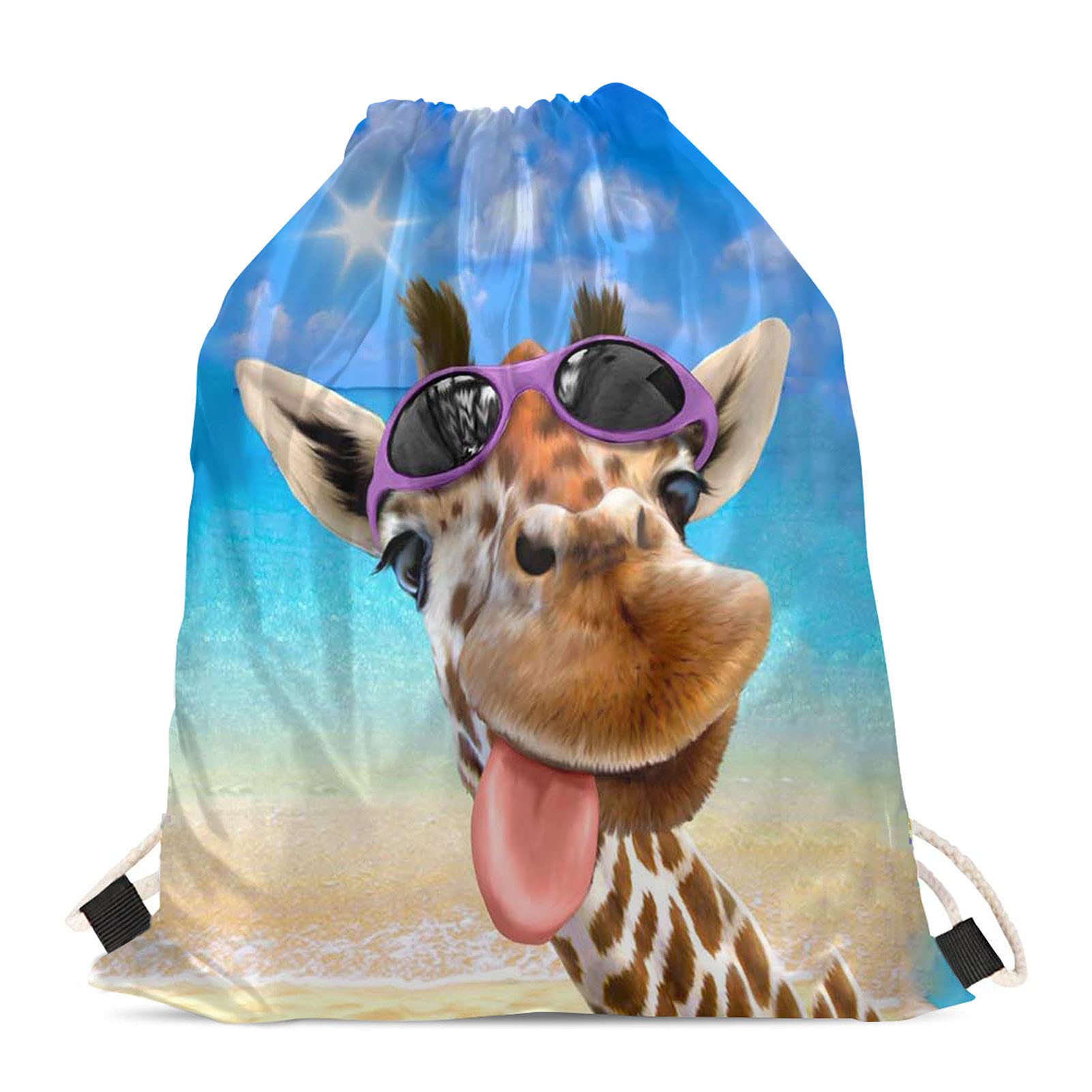 Showudesigns Cute Giraffe Drawstring Bag for Kids Beach Outdoor Travel Backpack Child Swim PE String Pouch Cinch Gymbag Rucksack Blue