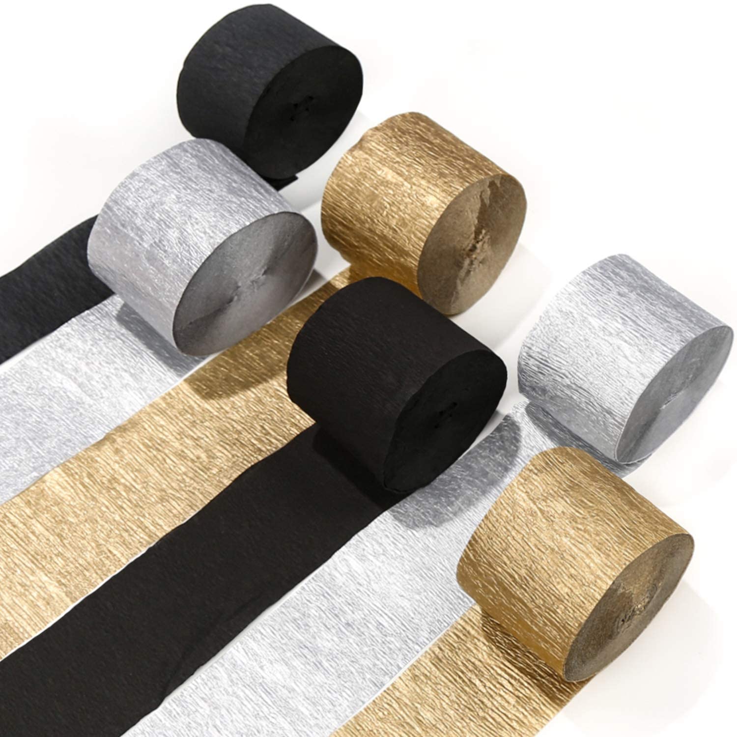 PartyWoo Crepe Paper Streamers, Black, Gold, Silver, 6 Rolls