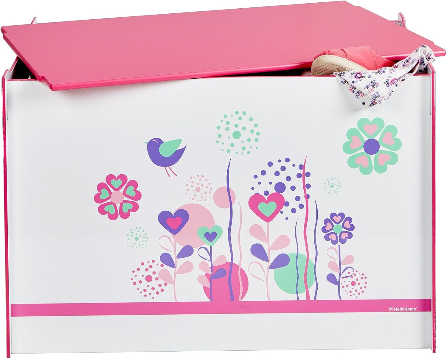 Worlds Apart Flowers and Birds Kids Toy Box - Childrens Bedroom Storage Chest with Bench Lid by HelloHome, White, 39.5x39.5x60.0 cm - Image 3
