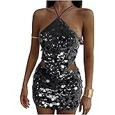 MakeMeChic Women's 2 Piece Christmas Outfits Sparkly Glitter Sequin Halter Crop Top and Bodycon Mini Skirt Sets