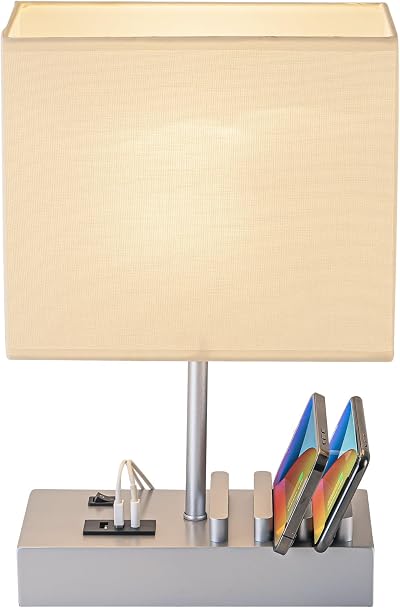 Briever USB Bedside Table Lamp with 3 USB Ports Silver Wood Base