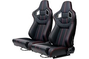 SEHAONOHOME Automotive Updated Racing Sports Seats for Cars, 2PCS Universal PVC Leather Reclinable Racing Bucket Seats with Dual Sliders, Black with Red Stitching