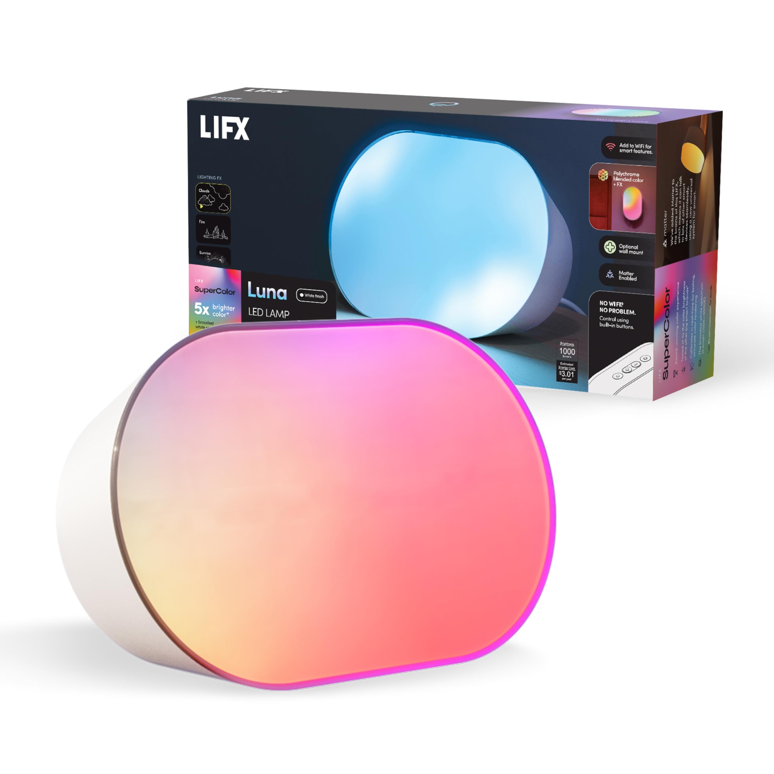 Photo 1 of LIFX Luna Smart Lamp, 1000 LM Wi-Fi & Matter 1.3 Compatible, Alexa & Apple HomeKit Compatible, Plug-In Bedside Table Lamp & Wall-Mount, Color Changing Wall Wash, Sunrise/Sunset Effect, No Hub Required