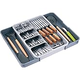 SOMIER Kitchen Utensil Drawer Organizer, Removable 2-Tier Knife Holder, Expandable Cutlery Tray for Silverware, Flatware and Utensils, Large Kitchen Drawer Dividers for Spoons, Forks, Knives, Gray