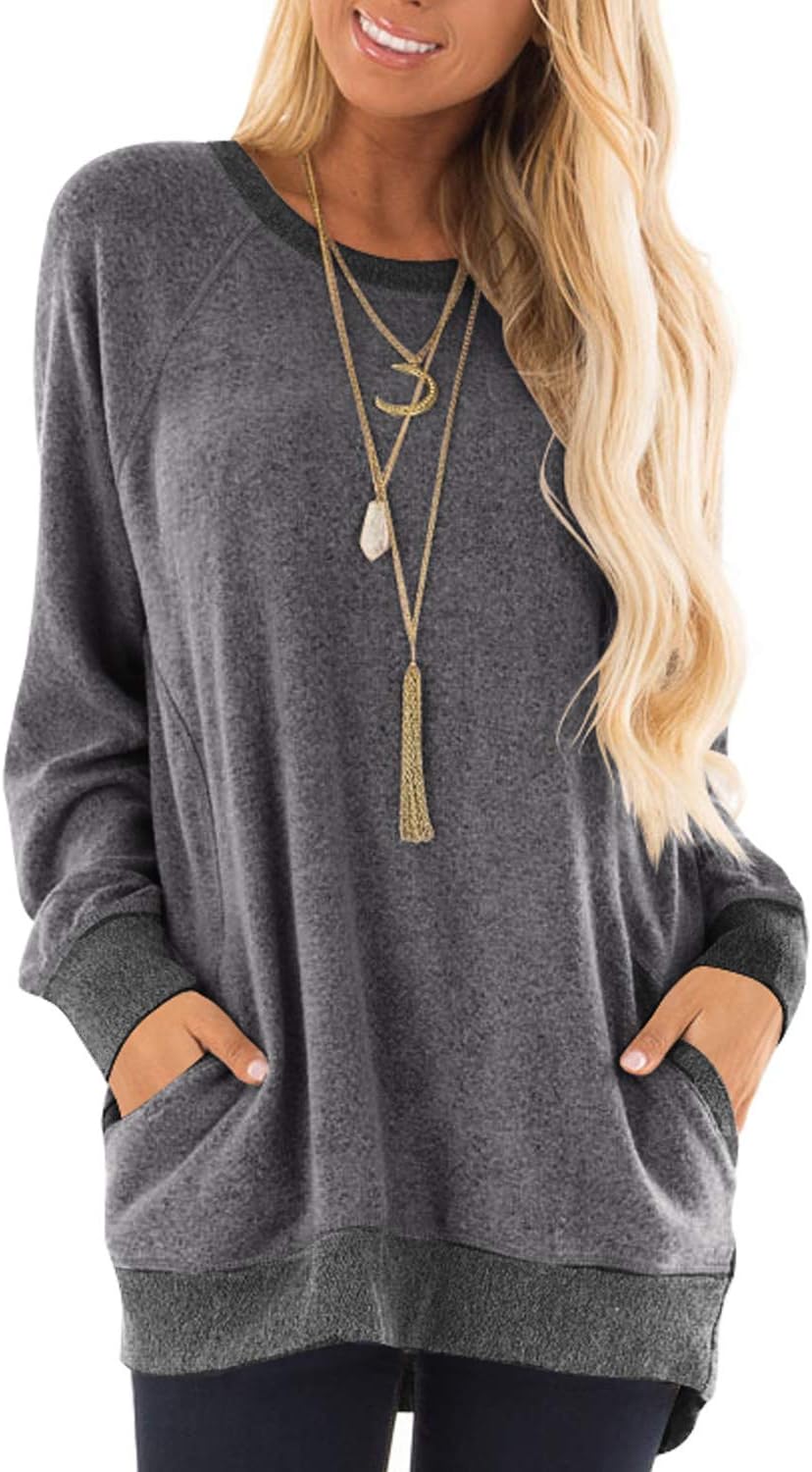 Women's Long Sleeve Tops Round Neck Color Block Loose Casual Sweatshirts with Pockets
